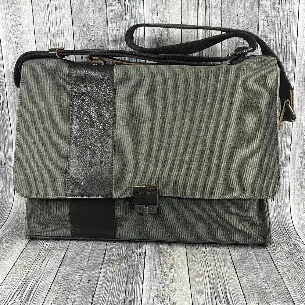 Pottery Barn Messenger Laptop Bag Bradley Leather & Canvas Taupe & Olive Bag